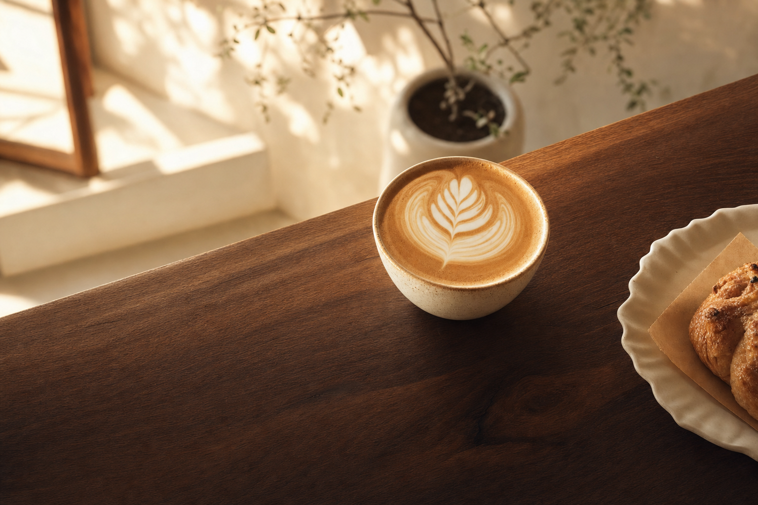 Signature latte with heart-shaped art in cream ceramic cup