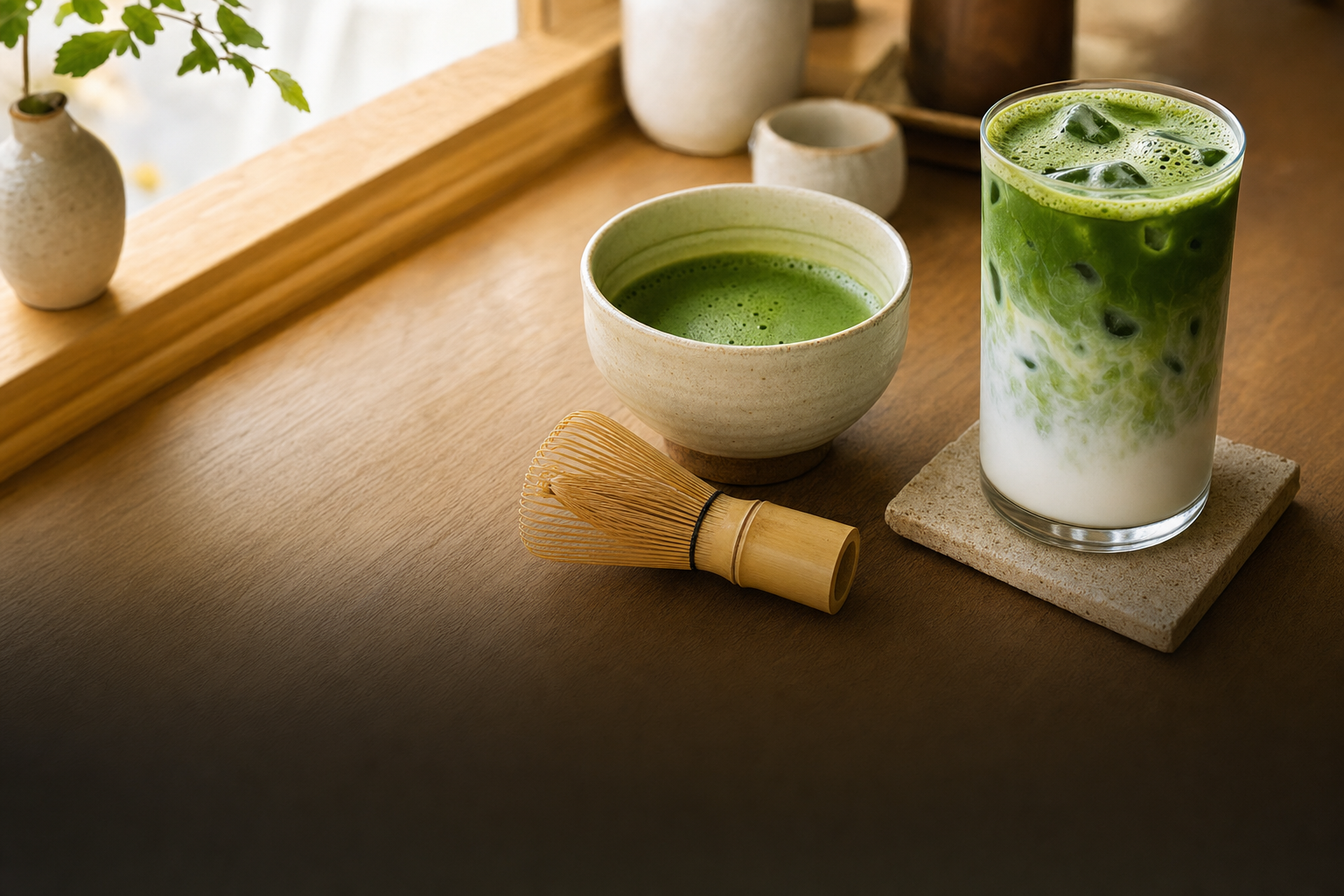 Vibrant matcha latte in handcrafted pottery